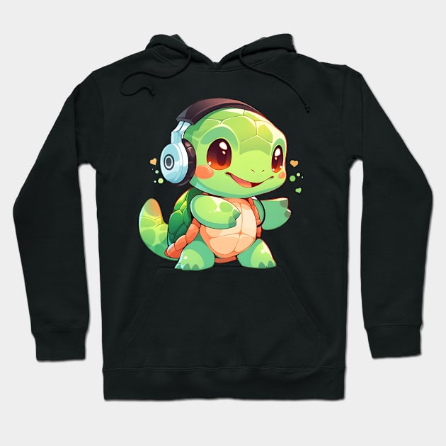 Cute Green Turtle with Headphones Hoodie by pako-valor